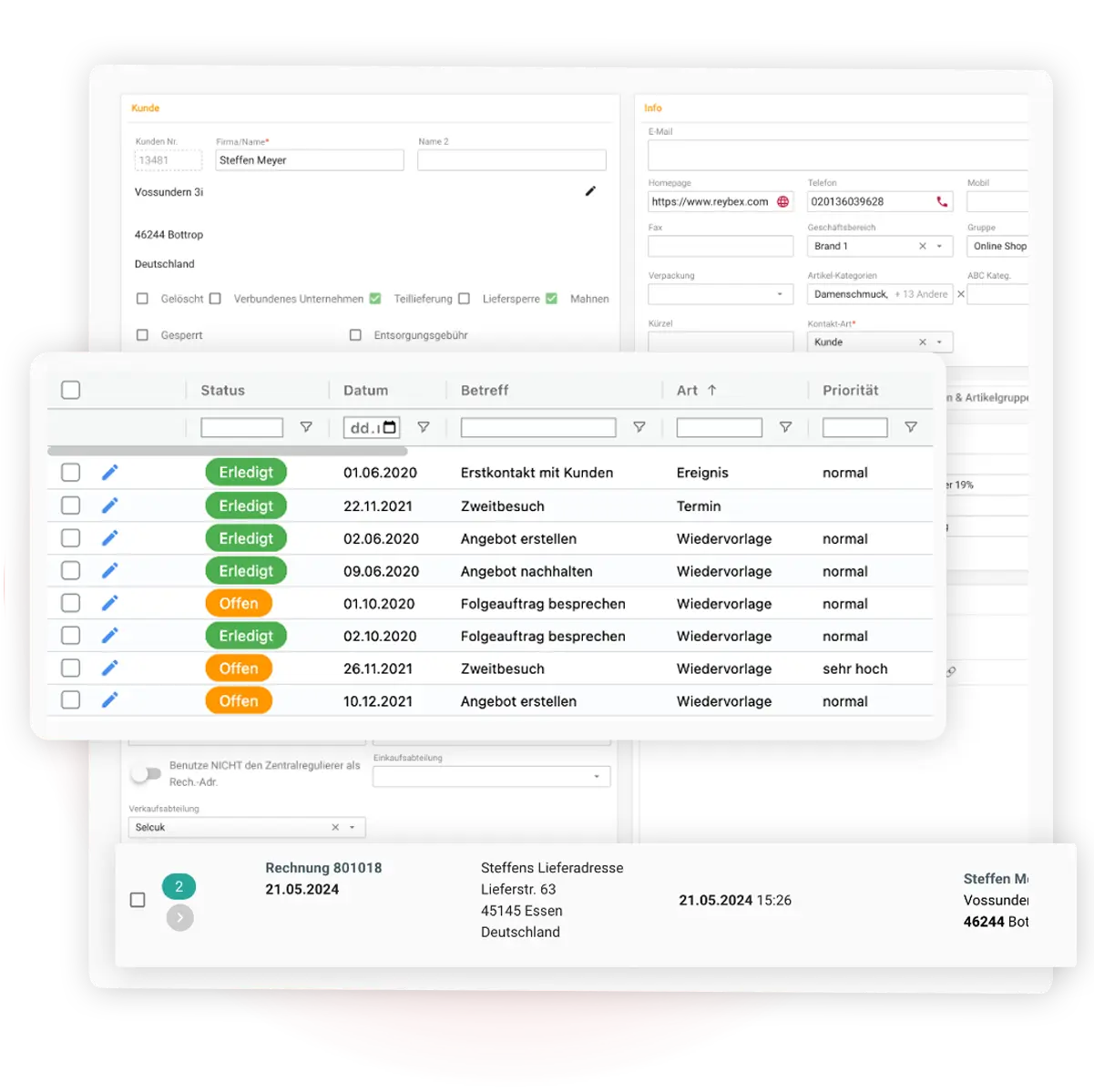 reybex customer database and CRM: customer details, follow-ups, order history and invoice view in reybex Cloud ERP