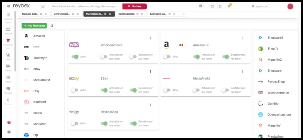 reybex marketplace configuration: Amazon, eBay, Shopify, Kaufland, OTTO, Tradebyte, Etsy - native multichannel connections in reybex Cloud ERP