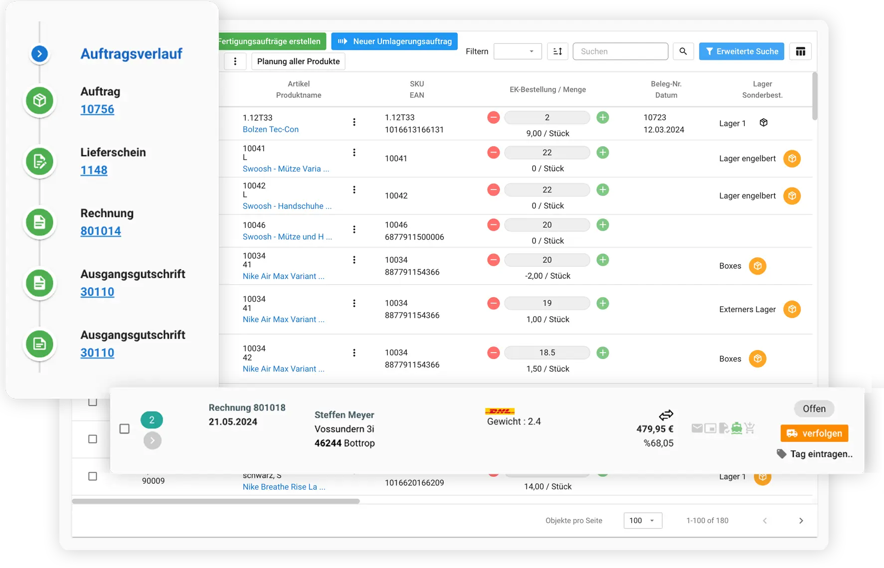 reybex supply chain: order flow from order through delivery note and invoice to outgoing credit note - with production planning and warehouse management
