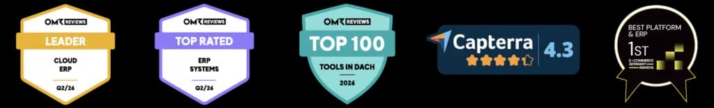 weclapp Awards 2026: OMR Reviews Leader Cloud ERP, Top Rated ERP Systems, Top 100 Tools in DACH, Capterra 4.3 und E-Commerce Germany Award — onboos ist erfahrener Einführungspartner