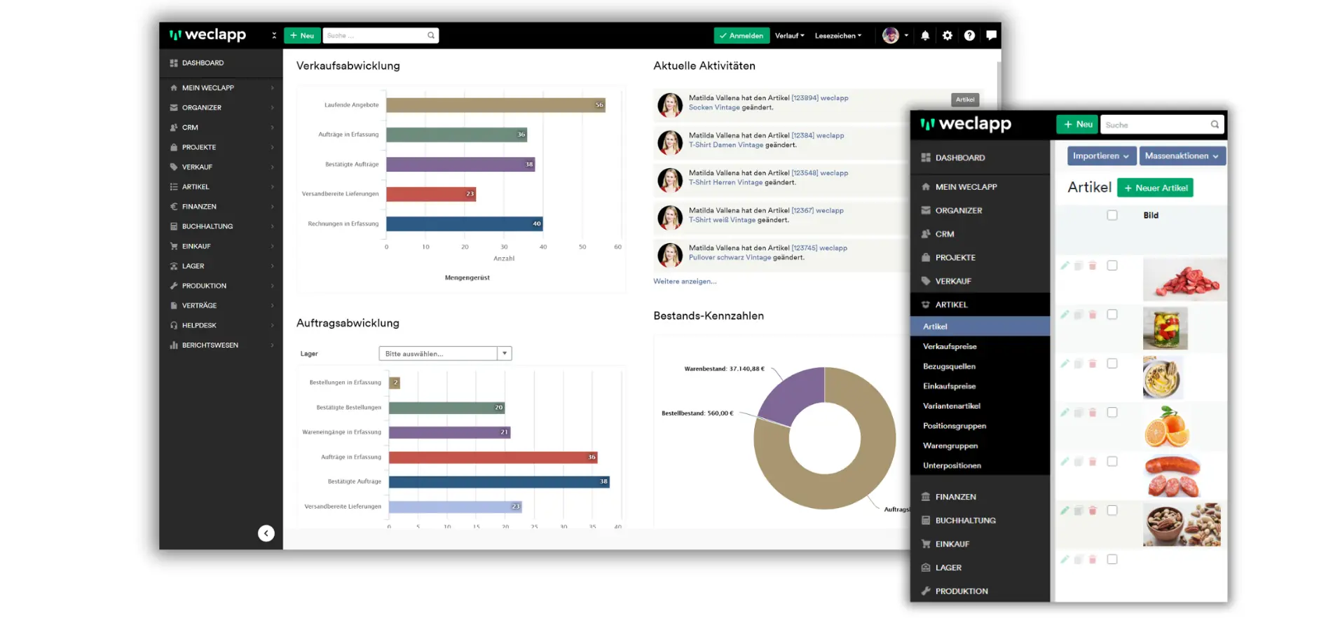 weclapp ERP-Einführung Dashboard: Verkaufs- und Auftragsabwicklung sowie Artikelverwaltung — onboos begleitet Handels- und Grosshandelsunternehmen beim weclapp Onboarding im DACH-Raum