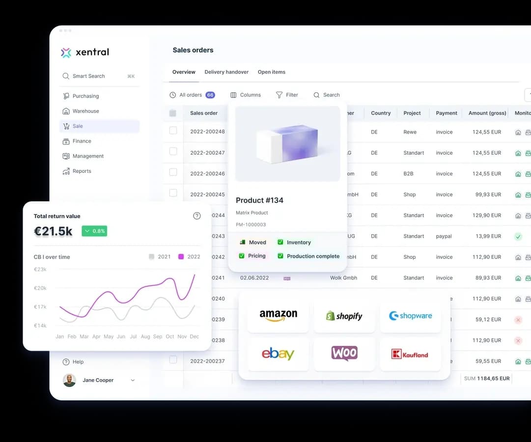 Xentral ERP dashboard for e-commerce operations